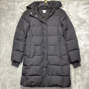 J Crew Puffer Coat Women’s Petite S Black Down Mid Length Removable Hood Outdoor